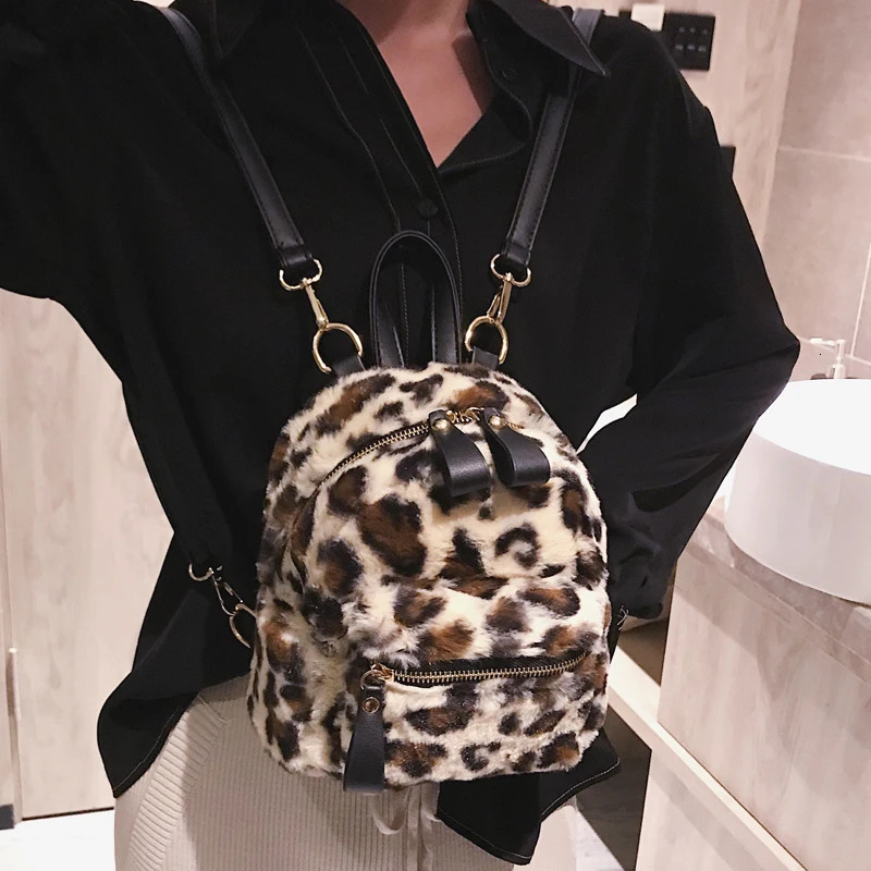 Autumn And Winter Cute Mini Leopard Backpack Velour Double Shoulder Bag Chain School Bags Backpacks 107 250102
