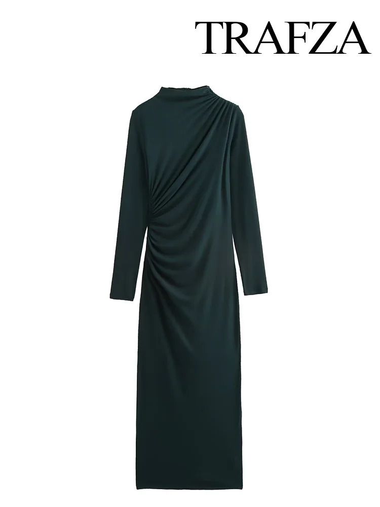 TRAFZA Woman Autumn High Street ONeck Long Dresses Sleeve Pleated Decoration Female Solid Back Zipper Mini Dress Trendy 250103