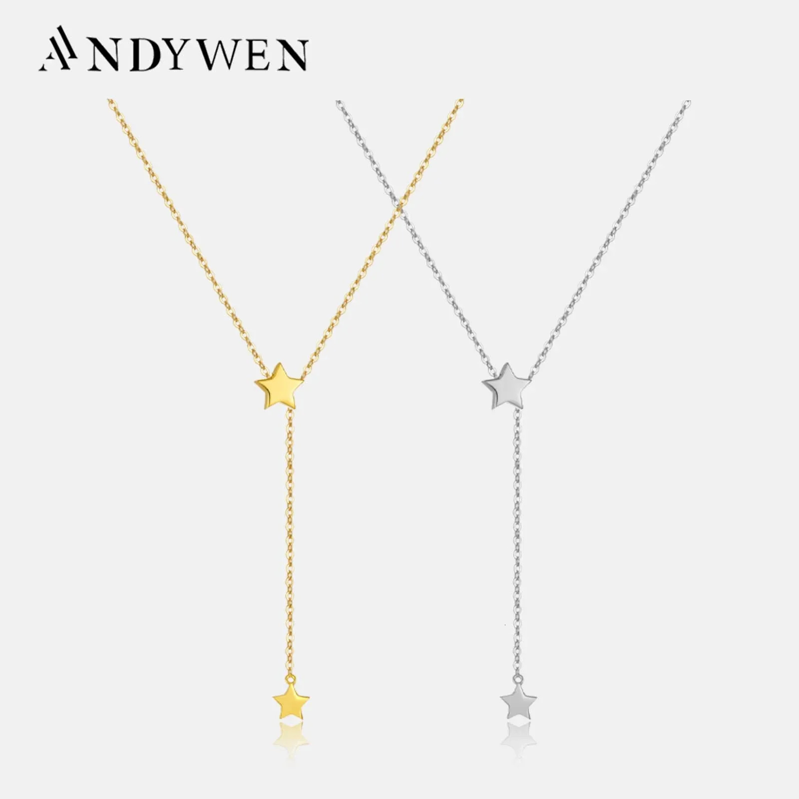 ANDYWEN 925 Sterling Silver Gold Plain Star Pendant Adjustable Chain Slide Necklace 2024 Women Fine Jewelry 250106