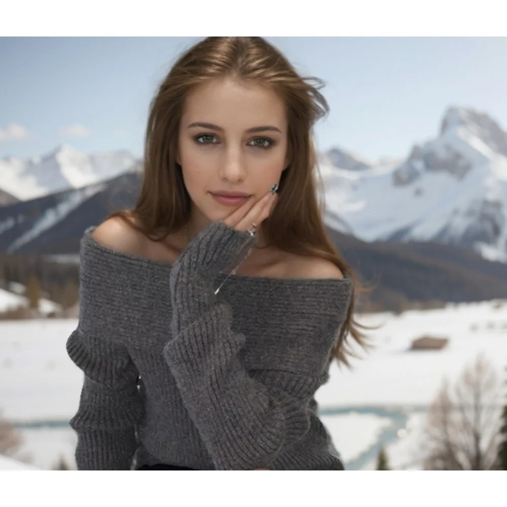 Sexy White Flatneck Sweater Base with Feminine Collarbone Offtheshoulder for Slimming Out Wear 250103