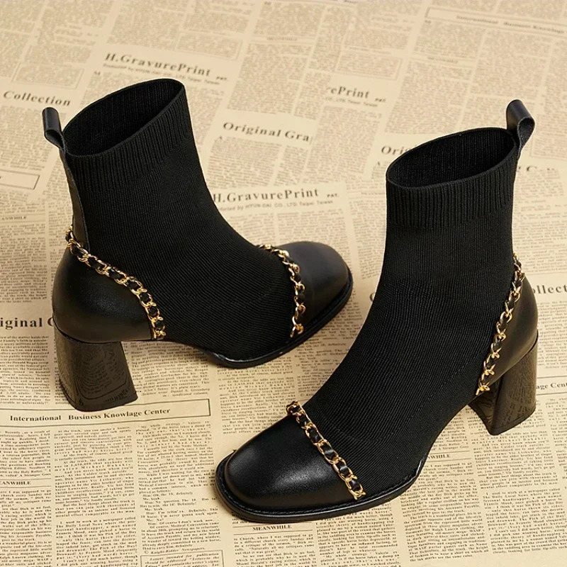 Slip on Square Toe Womens Boots Winter Solid Plush 204 Shoes for Women Warm Short Barrel Mid Heel Fashion Naked Boots 250106