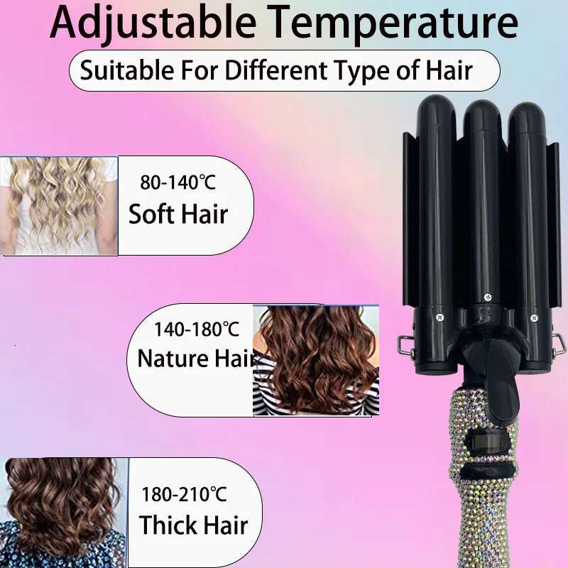 Curg Weave Iron Wand with Rhies Three Barrel LCD Temperature Display 1 Inch Ceramic Triple Barrels Crimp for Long Hair
