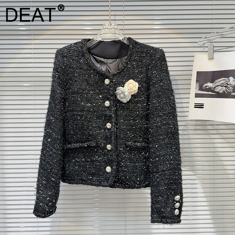 DEAT Women's Fashion Wer Pin Single Breasted Tweed Edge Jackets Pockets Quilted Short Coats Female 2024 Winter New 11A01886