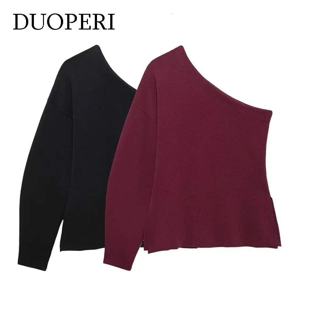 DUOPERI Women Knitwear Fashion Solid Pullover Knitted Sweater Asymmetrical Neck One Shoulder Long Sleeve Female Chic Lady Tops 250103