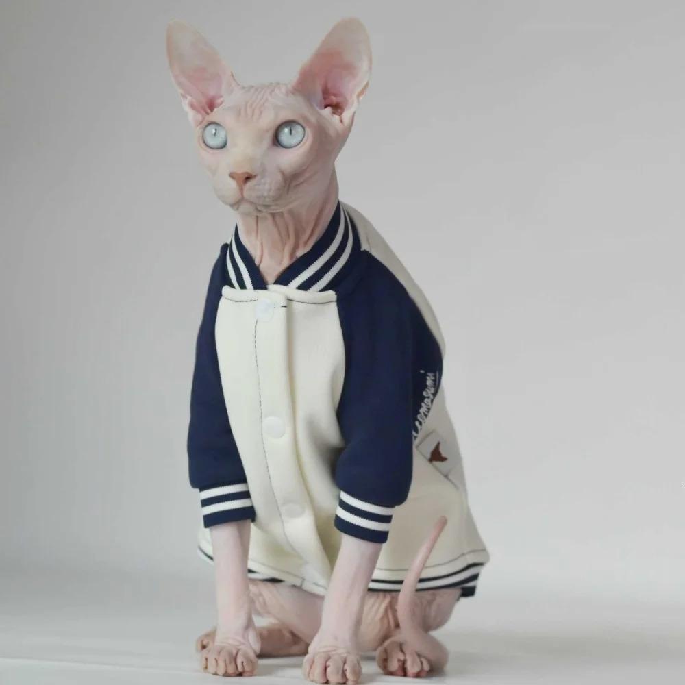 White-Blue Baseball Uniforms for Male Cat in Winter Warm Thick Cotton Jacket for Sphinx Cat Autumn Devon Rex Coat Cat Clothing 250106