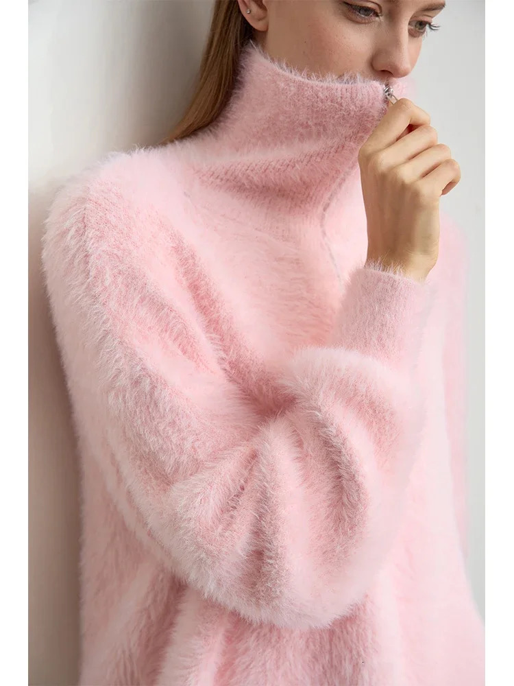 Amii Winter Womens Clothing Turtleneck Zipper Mink Sweater Loose Shoulder Sleeve Pullovers Knitted Tops 12444250 250103