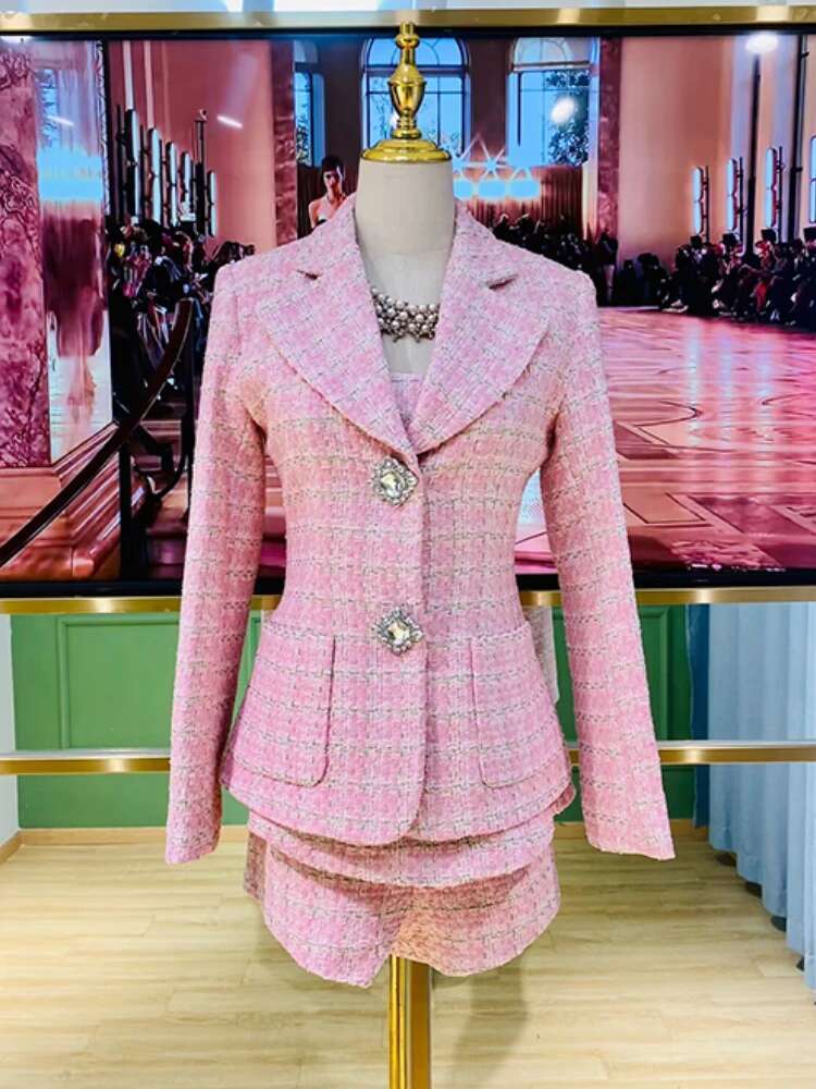 Pink Tweed Suit Jacket Autumn Winter New High Quality Dia Buckle Splicing Slim Elegant Commuter Coat Backless Bow Set Women
