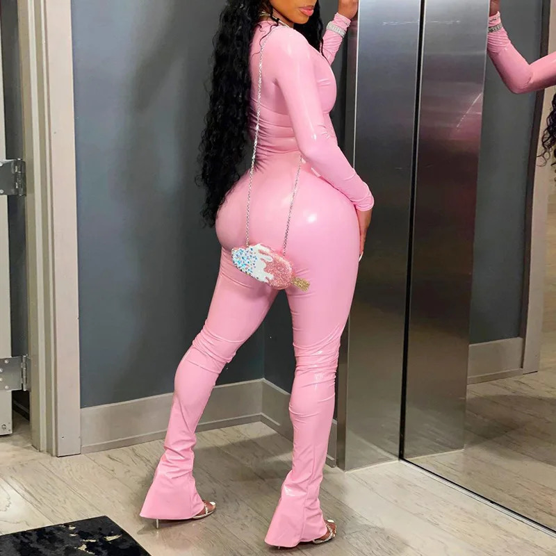 OMSJ Sexy Fur Leather Club Outfits Female Two Pieces Matching Set U Neck Long Sleeve TopsTight Boot Cut Pant Streetwear Y2K 250106