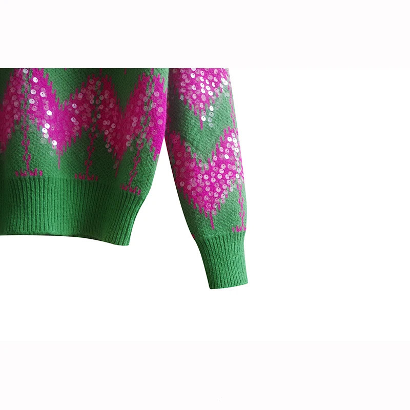 Vintage Wave Striped Sequins Sweater Women Knitted Pullover Autumn Winter ONeck Puff Sleeve Knitwear Tops Jumper Sueter Mujer 250103