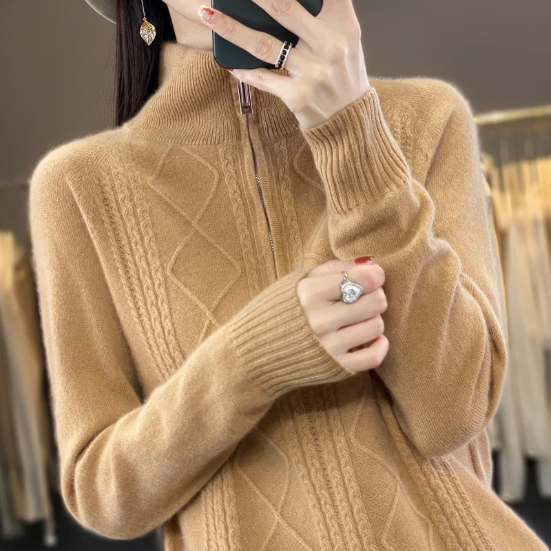 100% Merino Wool Womens Turtleneck Sweater Autumn Winter Casual Knit Loose Top Fashion Zipper Half Open Neck Cashmere Pullover 250103