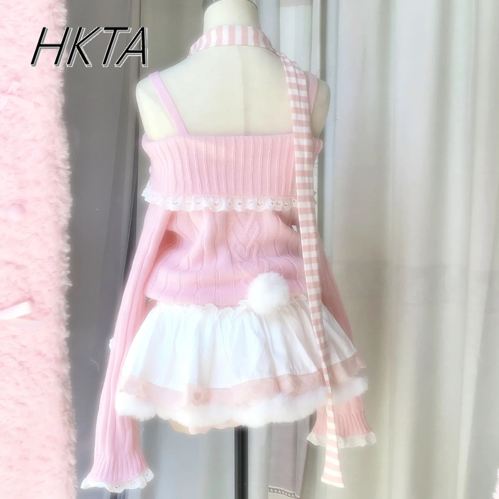 Lolita Original Handmade Sweet Kawaii Princess Sweater Women Winter Ribbon Lace Off Shoulder Pink Knitted Top 250103