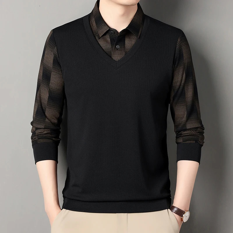 Business and leisure autumn mens lapel button print two-piece street clothing fashion long sleeved polo shirt knitted top 250103