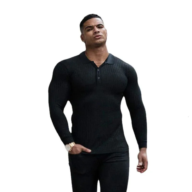 Autumn fashion knitted polo shirt mens classic white ribbed tight long sleeved polo shirt mens elastic sports shirt 250103