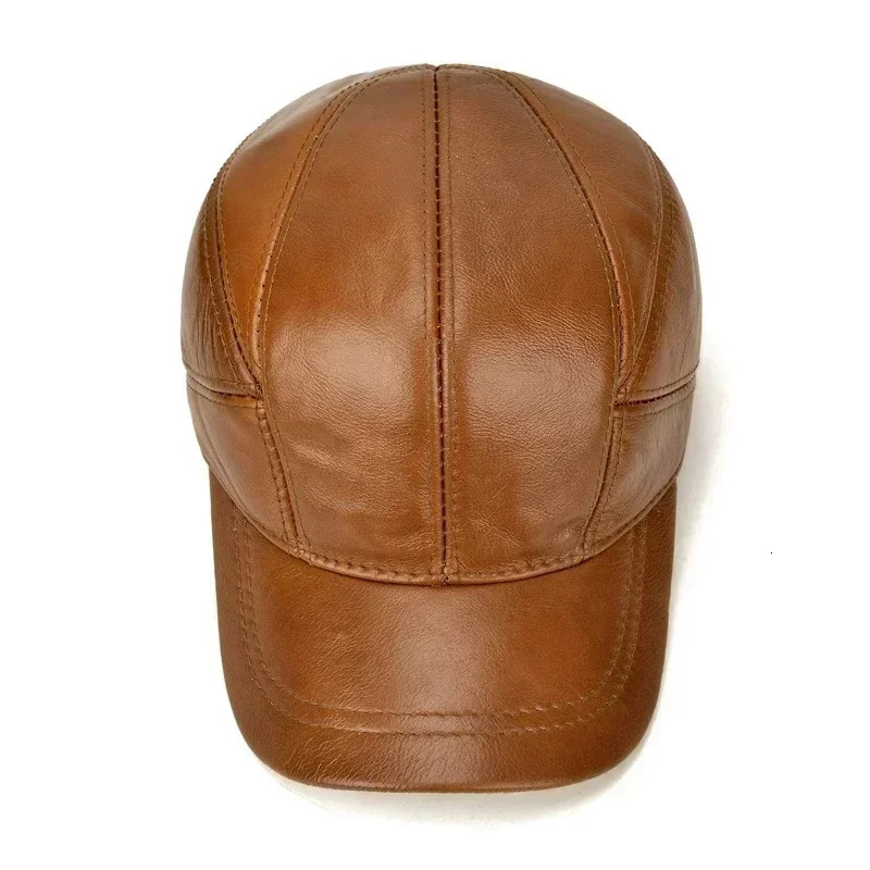 Men Cowhide Leather Earlap Caps Male Fall Winter Cow Leather Hats Casual Leather Outdoor Baseball Cap 241230