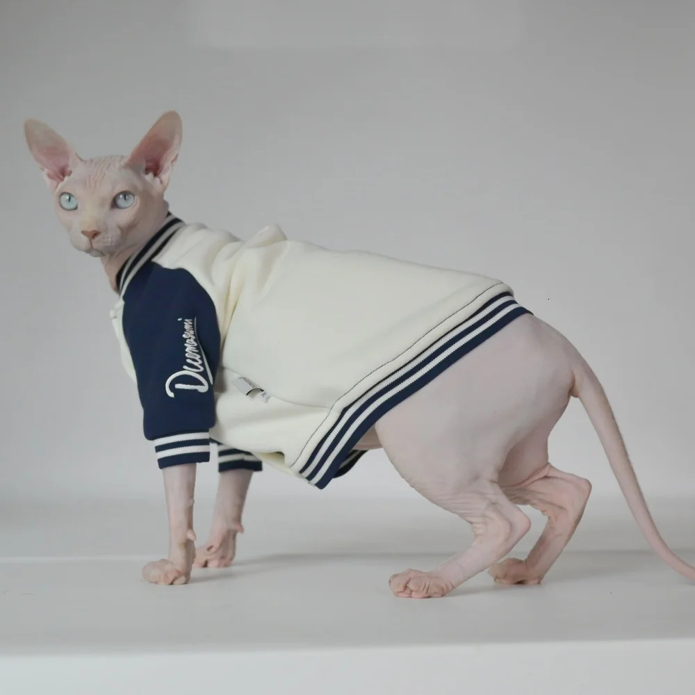 White-Blue Baseball Uniforms for Male Cat in Winter Warm Thick Cotton Jacket for Sphinx Cat Autumn Devon Rex Coat Cat Clothing 250106