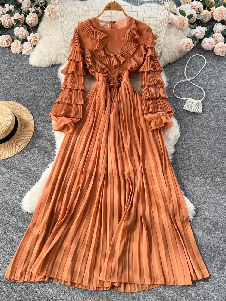 XFPV 2025 Spring Autumn Solid Slim Long Sleeve Pleated A Line V Neck Chiffon Mid-Calf Women High Waist Dress Vestidos SM5352 250103