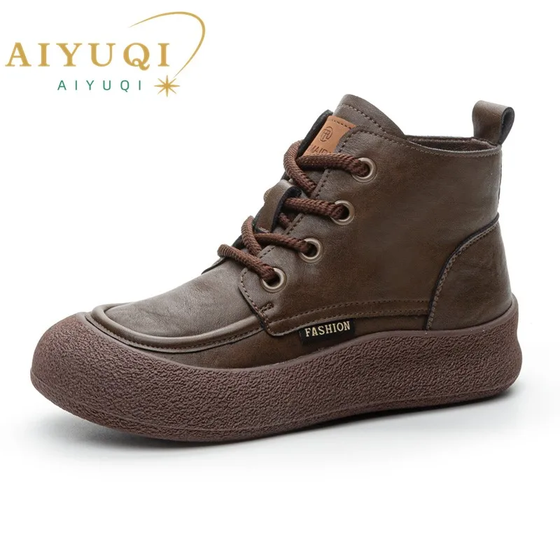 AIYUQI Boots Women Vintage Autumn Flat Women's Ankle Boots Fashion Plus Size Round Toe Lace-Up Booties Ladies