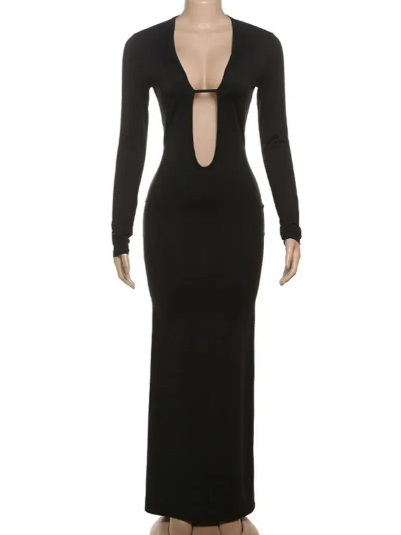 Chic Deep Vneck Hollow Out Evening Party Dresses for Women Autumn Winter Sexy Long Sleeve Bodycon Black Dress Festival Outfit 250103