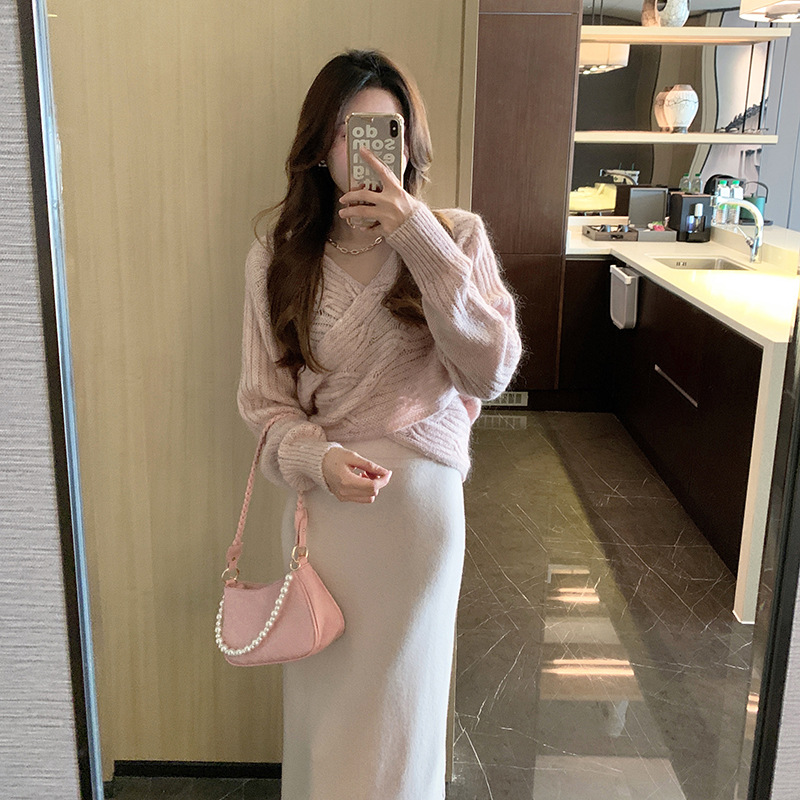 L11301 Knitted hip skirt women's spring fashion high waist slim wool mid-length skirt