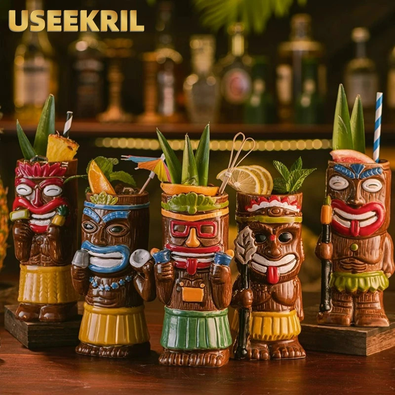 Hawaiian Style Brown Tiki Mug Creative Cocktail Mug Cup Zombie Ceramic Tiki Mug Drinkware Cup Mug For Tiki Bar Party 250106