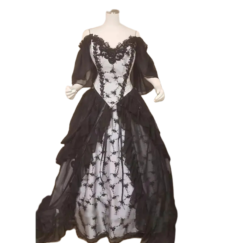 Vintage Black And White Wedding Dresses Lace Appliques Off Shoulder Gothic Bridal Gowns Court Train Ruffles Half Sleeves Vestido De Novia