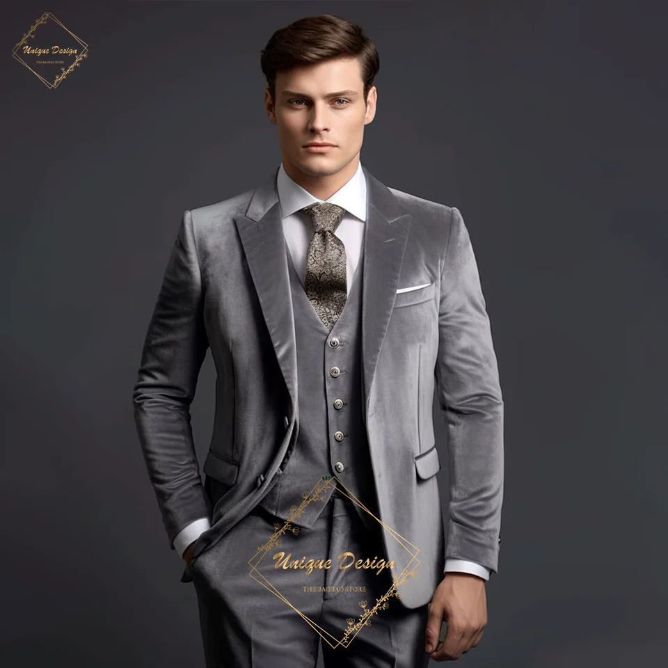 Classic Elegance Mens Grey Velvet 3Piece Custom Suit Timeless Style for Every Occasion Wedding Dating Prom Annual Dinner Party 250103