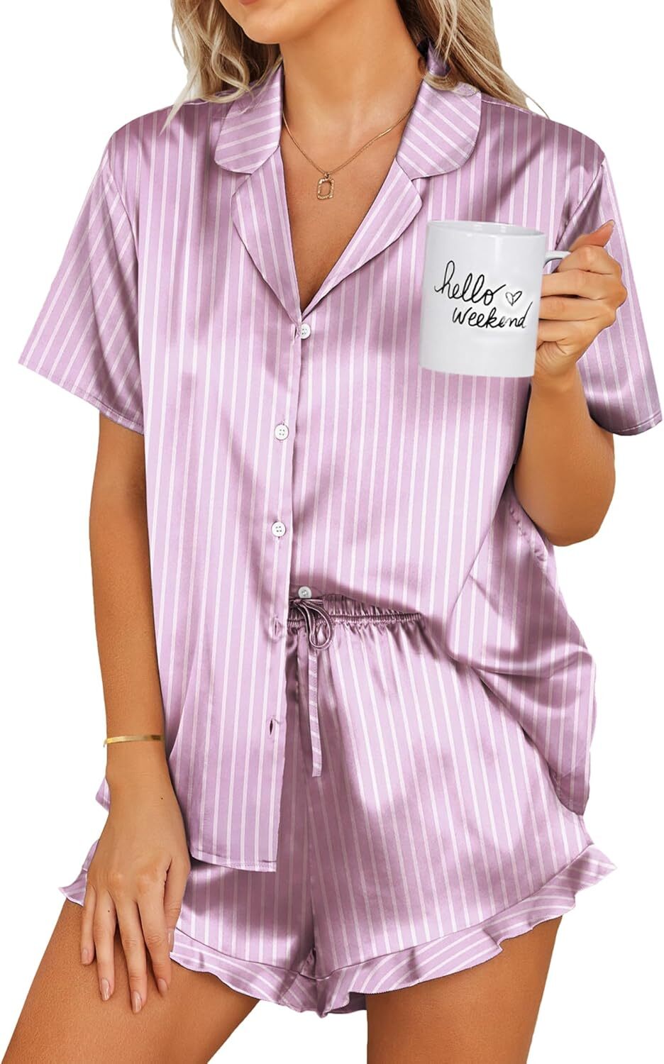 Women's satin pajama set button 2-piece set silk pajama set pleated underwear notch collar pajama S-XXL