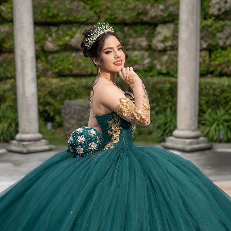 Customized Green Quinceanera Dresses Ball Gown Off The Shoulder Gold Applique Beads Tull Corset Party Birthday Sweet 16 Vestidos 15 De Anos