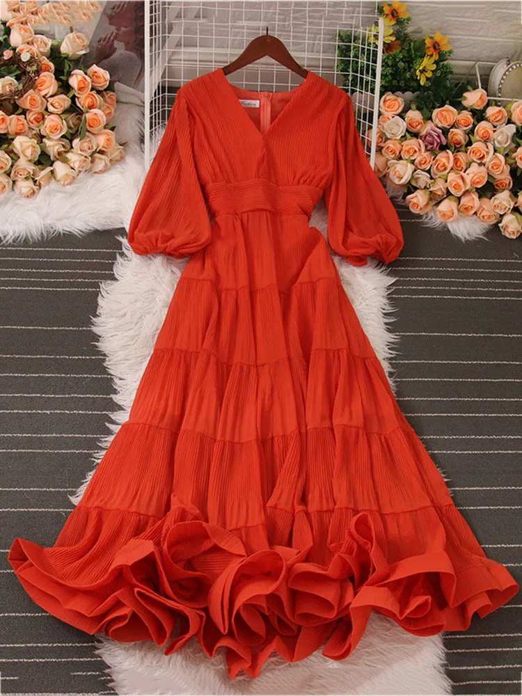 XFPV Elegant Solid Puff Sleeve Folds Long Dress Women Temperament Ruffles Hem Ruched Vestido Female 2025 Summer SM7067 250103