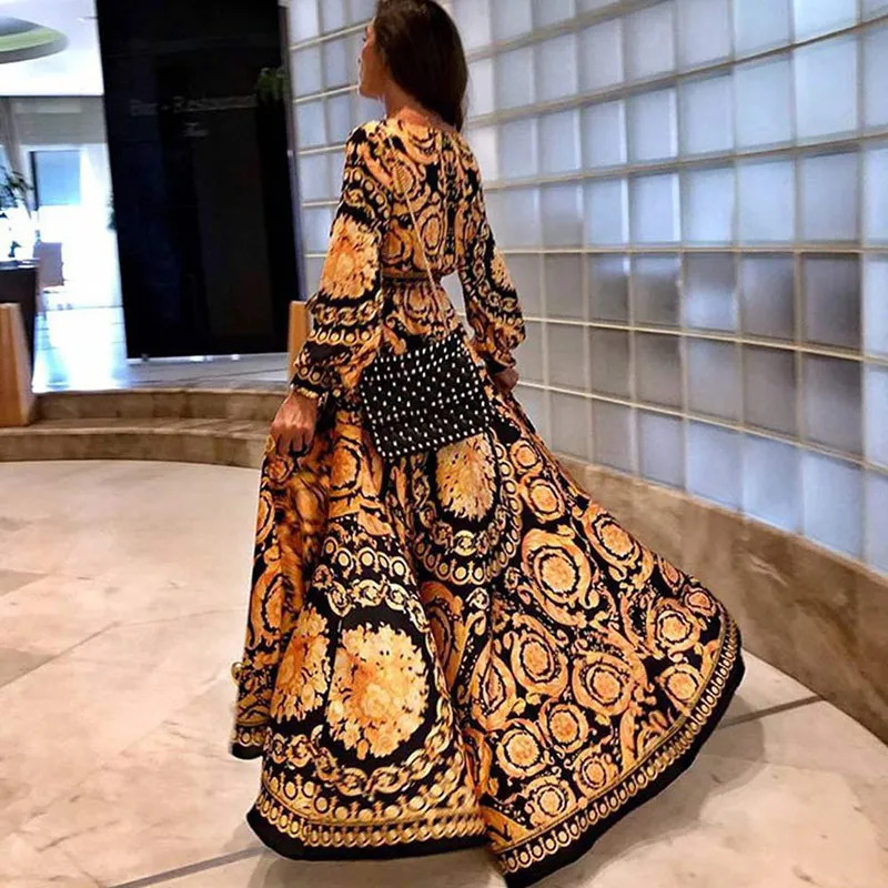 Womens Bohemian V-neck Printed Sundress Summer Loose Party Beach Holiday Casual Long Dress 250103