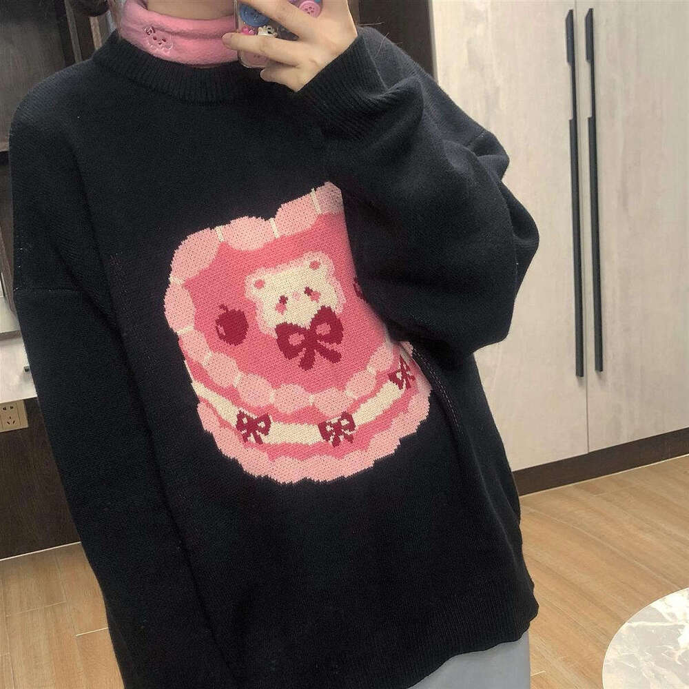 Ins knitted cake pattern jacquard round neck long sleeved high street loose sweater y2k
