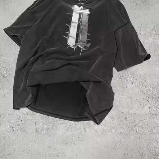 Vintage High Street Washed Black Metal Letter Printed Short Sleeve T-shirt for Men and Women