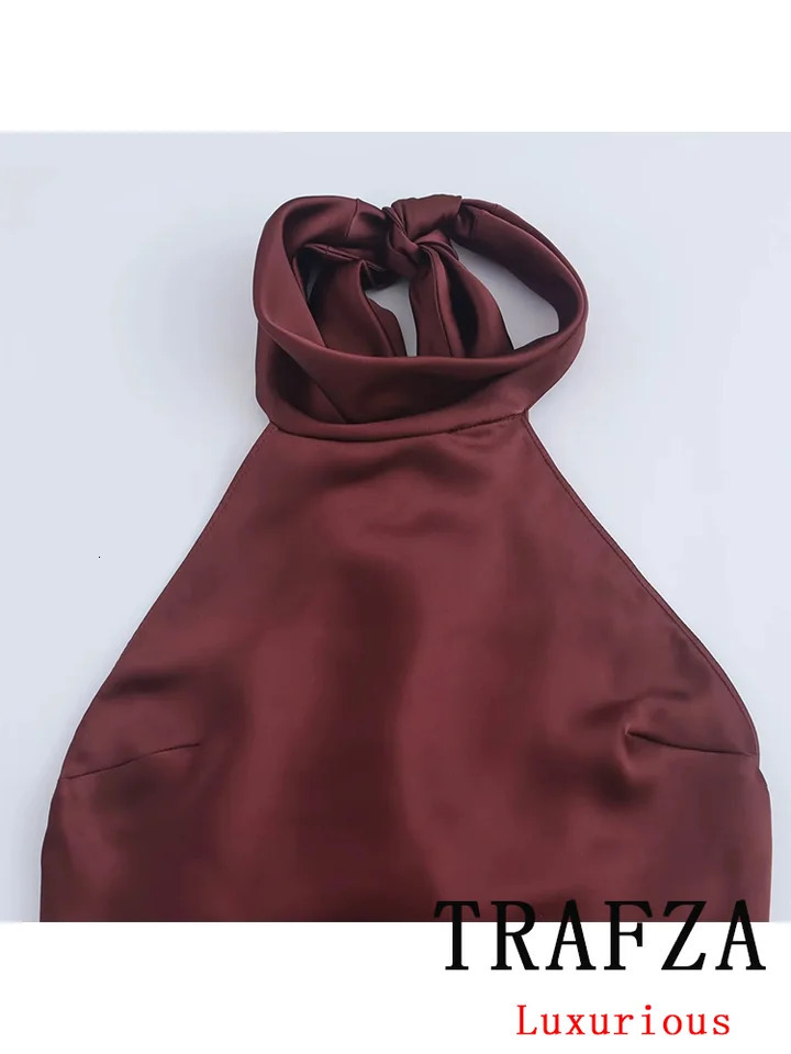 TRAFZA Vintage Casual Chic Solid Women Dress Halter Zipper Beach Long Fashion Autumn Winter Boho Party Female 250103