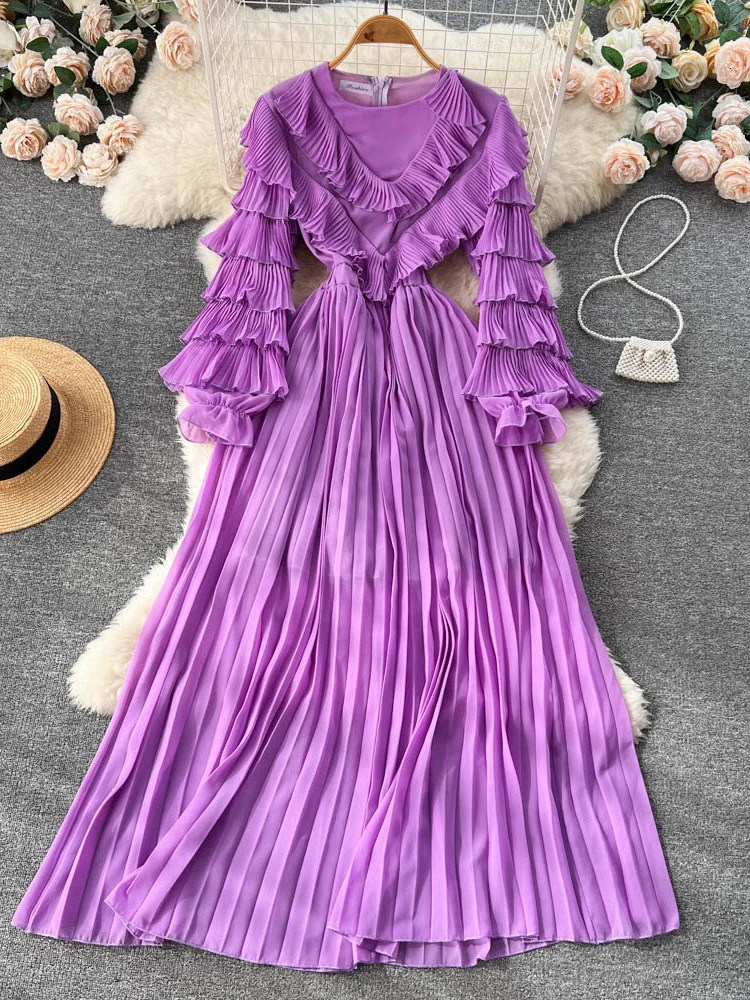 XFPV 2025 Spring Autumn Solid Slim Long Sleeve Pleated A Line V Neck Chiffon Mid-Calf Women High Waist Dress Vestidos SM5352 250103