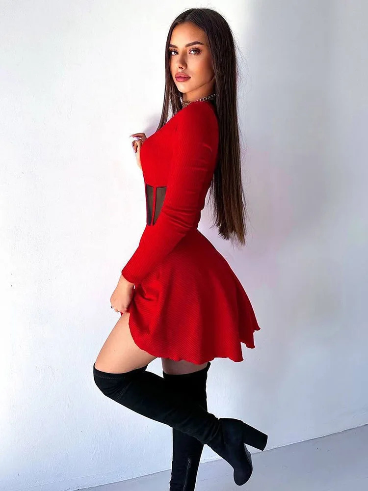Ahagaga Fashion Solid Womens Mini Dresses ALine Knitted Sheer Slim Fit Long Sleeves Bodycon ONeck Party Streetwear Vestidos 250103