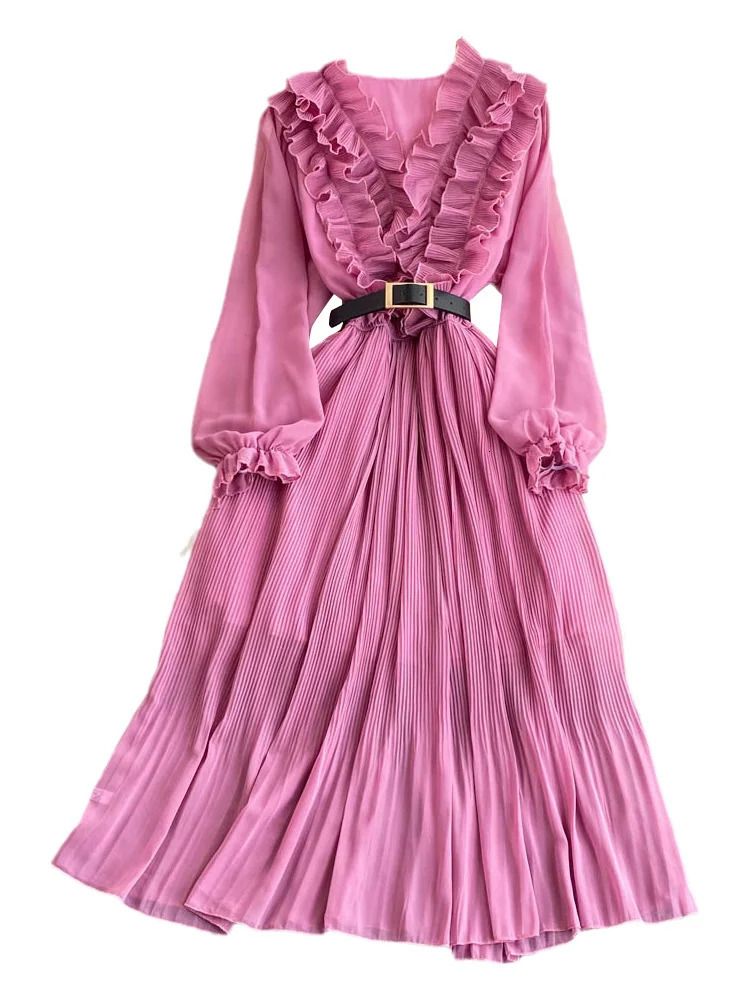 XFPV Vintage Solid Ruffles Patchwork Puff Long Sleeve Belt Dress Women Elegant Pleated Vestido 2025 Spring Summer SM5508 250103