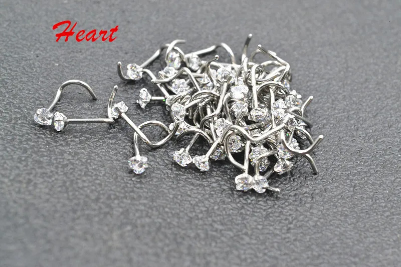50pcs/Lot CZ Nose Stud Screw Steel Nose Ring Nose Piercing Shine Heart/Square/Round/Star 20G 250103