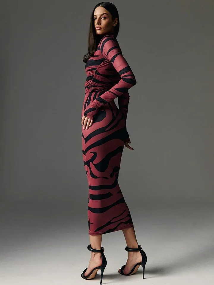 Leopard Printed Female Maxi Dress Skinny Long Sleeve Sexy High Waist Fashion Summer Streetwear Womens 250103