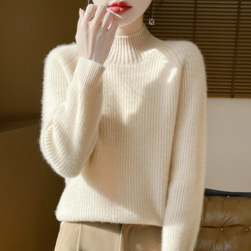 Autumn and winter 100% pure wool womens semihigh neck pullover European loose padded knit bottoming shirt 250103