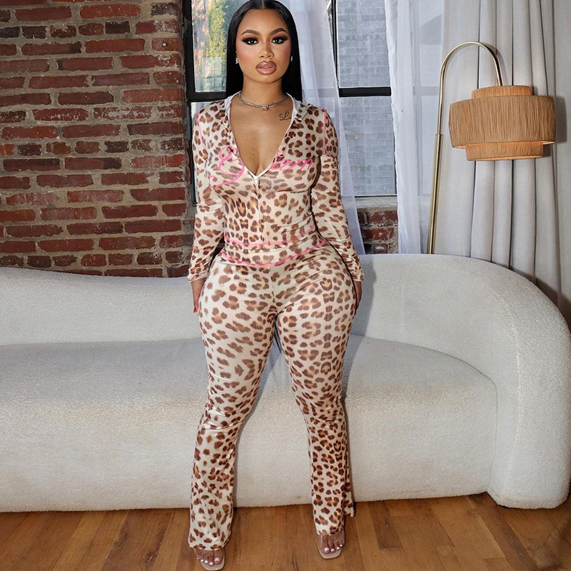 Women Tracksuits Two Pieces Set Wind 2025 Summer New Product Printed Hoodie Top Leopard High Waist Tight Pants Set 3 Colours