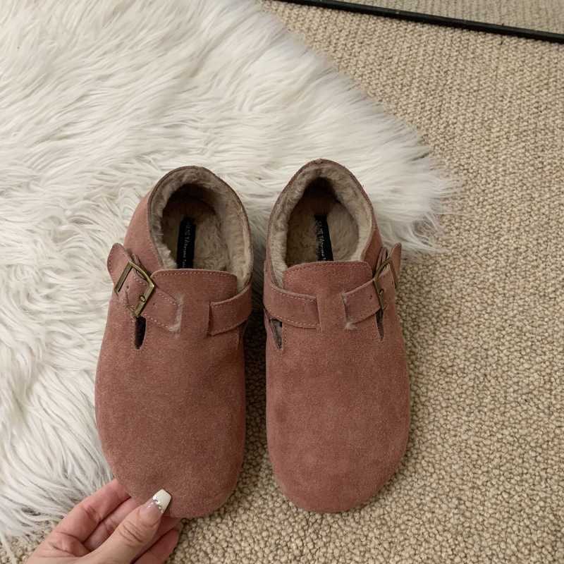2025 slides slippers clogs Mao Shoes with Velvet Boken Single Shoes for Women Autumn/Winter Bean Shoes One Step Shoes Le Fu Shoes Leather Warm Cotton 