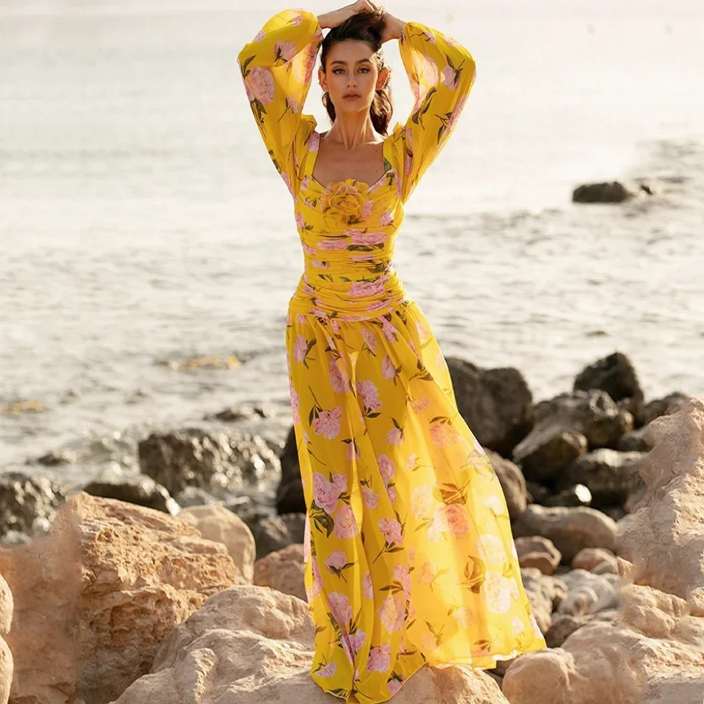 2025 Sexy 3D Flower Shirring Printed Chiffon Long Sleeves One Piece Swimsuit and Skirt Set Women Summer Bathing Suits 2Pcs 250106