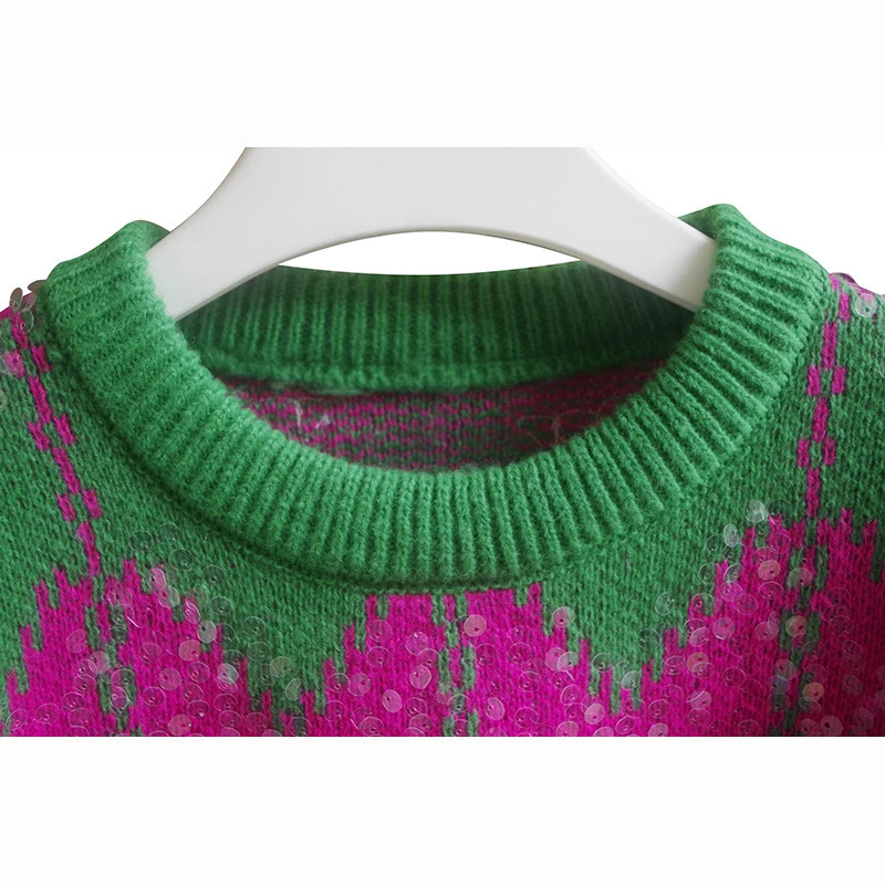 Vintage Wave Striped Sequins Sweater Women Knitted Pullover Autumn Winter ONeck Puff Sleeve Knitwear Tops Jumper Sueter Mujer 250103