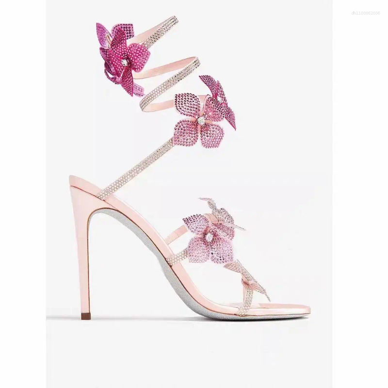 Dress Shoes CHMURY Pink Flower Rhinestone High Heels Sandals For Women Party Elegant Stiletto