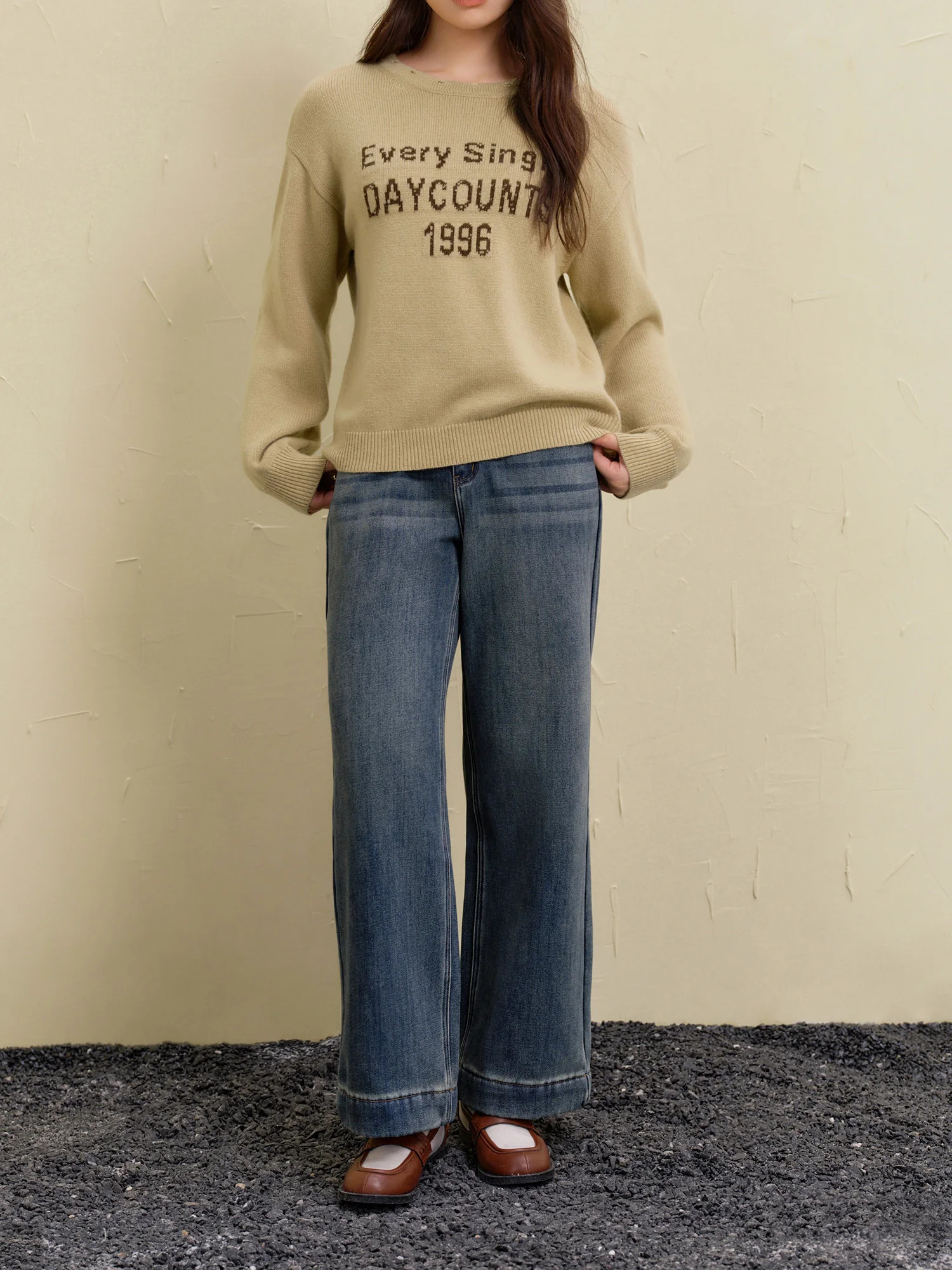 DUSHU WinterWomen Sweater Letter Printed Female Brown Casual Pullover Sweaters Round Neck Drop Sleeve Knitted Tops 24DS84642 250103