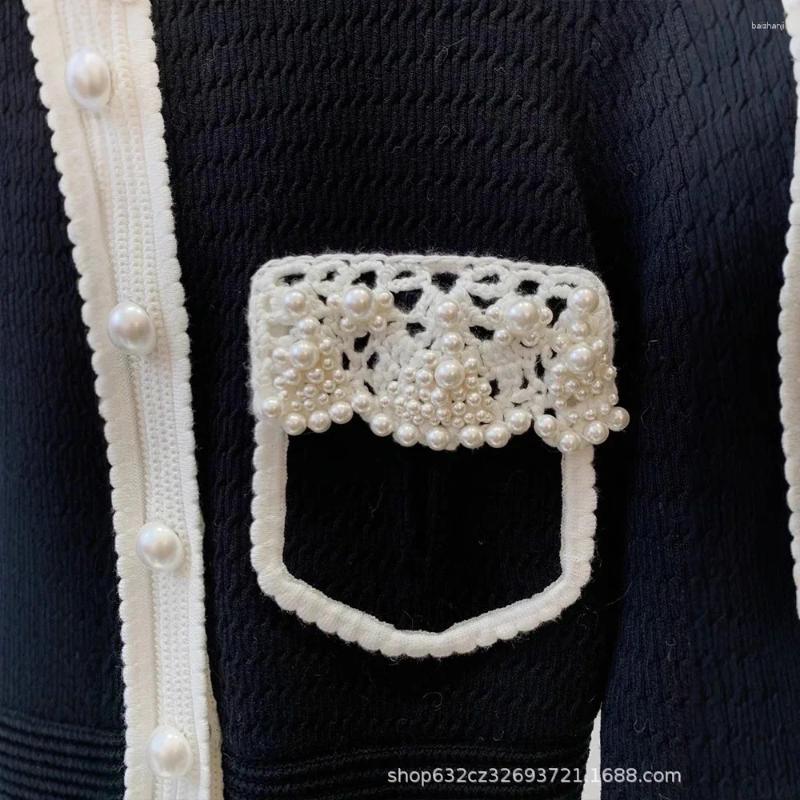 Women's Knits Pearls Beaded Knitted Cardigan Spring Hooked Wers Crocheted Sweater Coat Jacket Knitwear Jumpers Contrast Color Tops