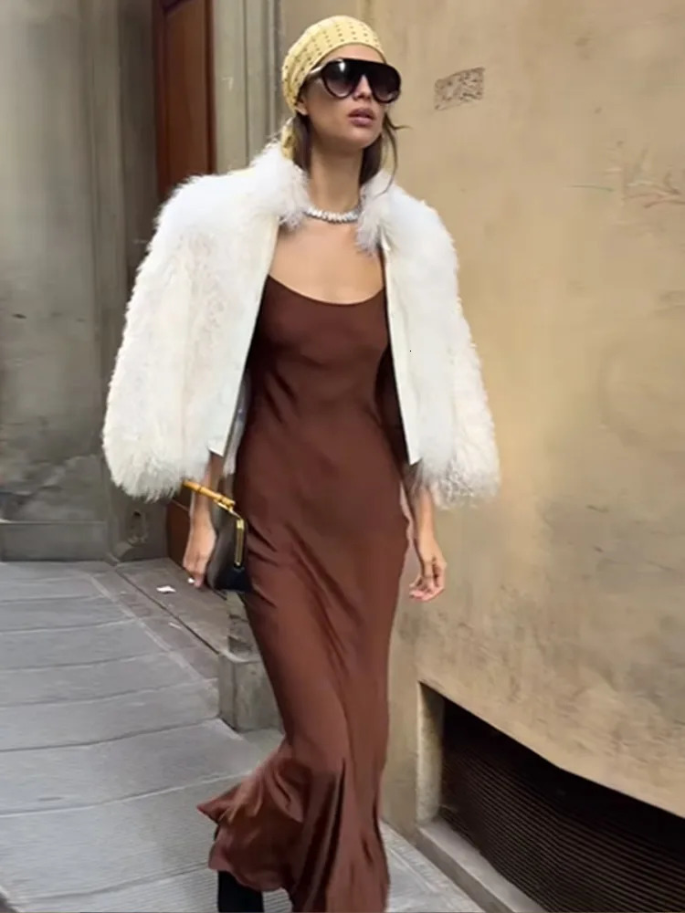 Elegant Solid Color Suspender Satin Dress Sexy Brown Sleeveless Off Shoulder Slim Fit Long Dresses 2025 Evening Party Robes 250103