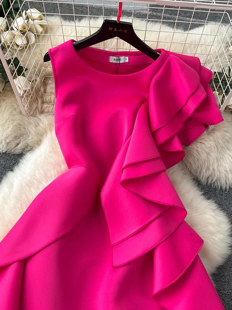 XFPV Womens Sleeveless Rose Red Ruffle Edge High End Slim Party Dress Vestidos Korean Fashion Autumn Winter 2025 SM9347 250103