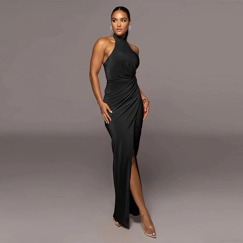 Elegant Women Halter Sleeveless Backless Draped Pleated Long Dress Sexy Bodycon Outfit Evening Birthday Party Wedding 250103