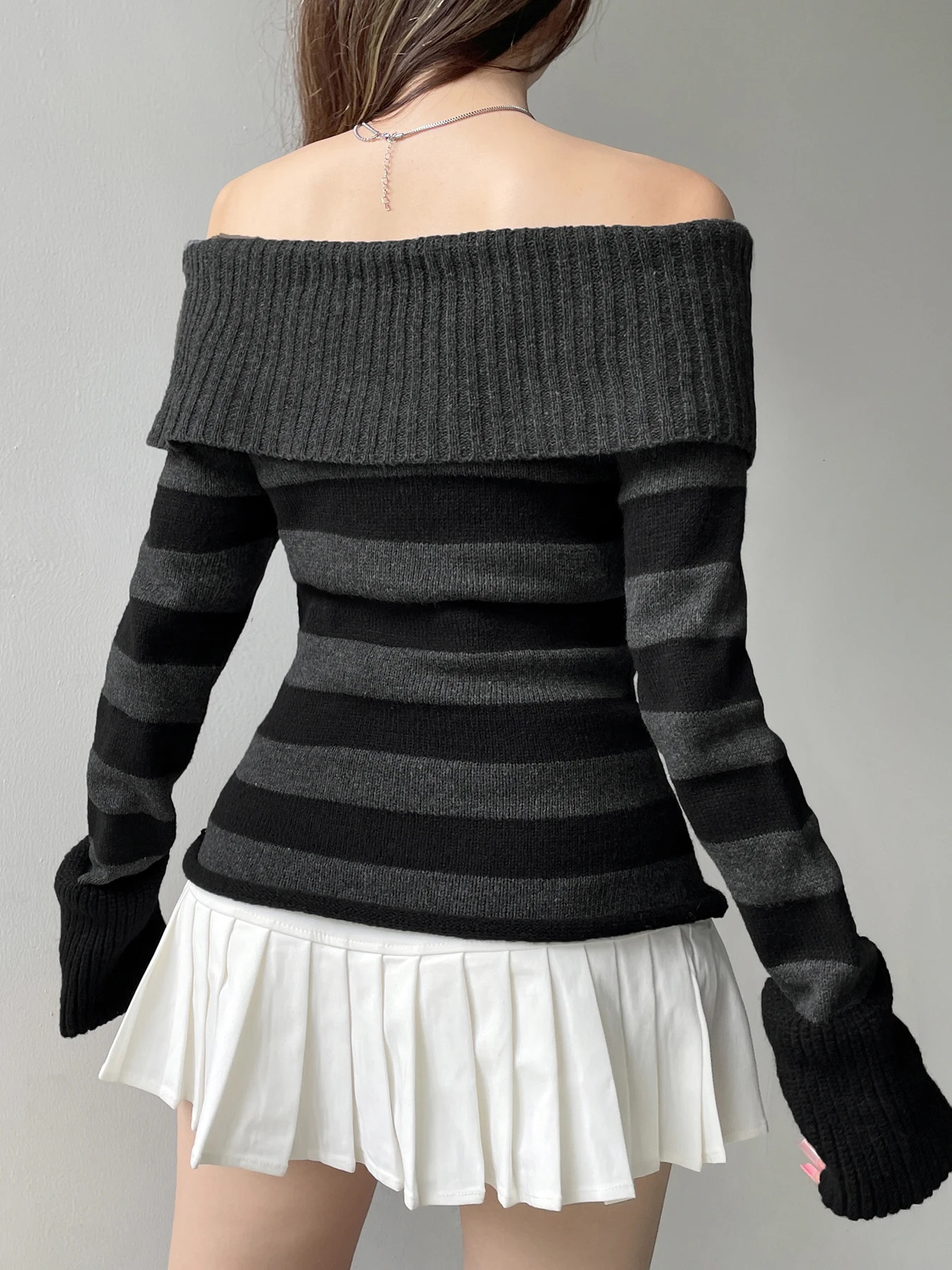 Rockmore Elegant Offshoulder Striped Sweater Famale Laceup Patchwork Long Sleeve Pullovers Vintage Basic Chic Tops Streetwear 250103